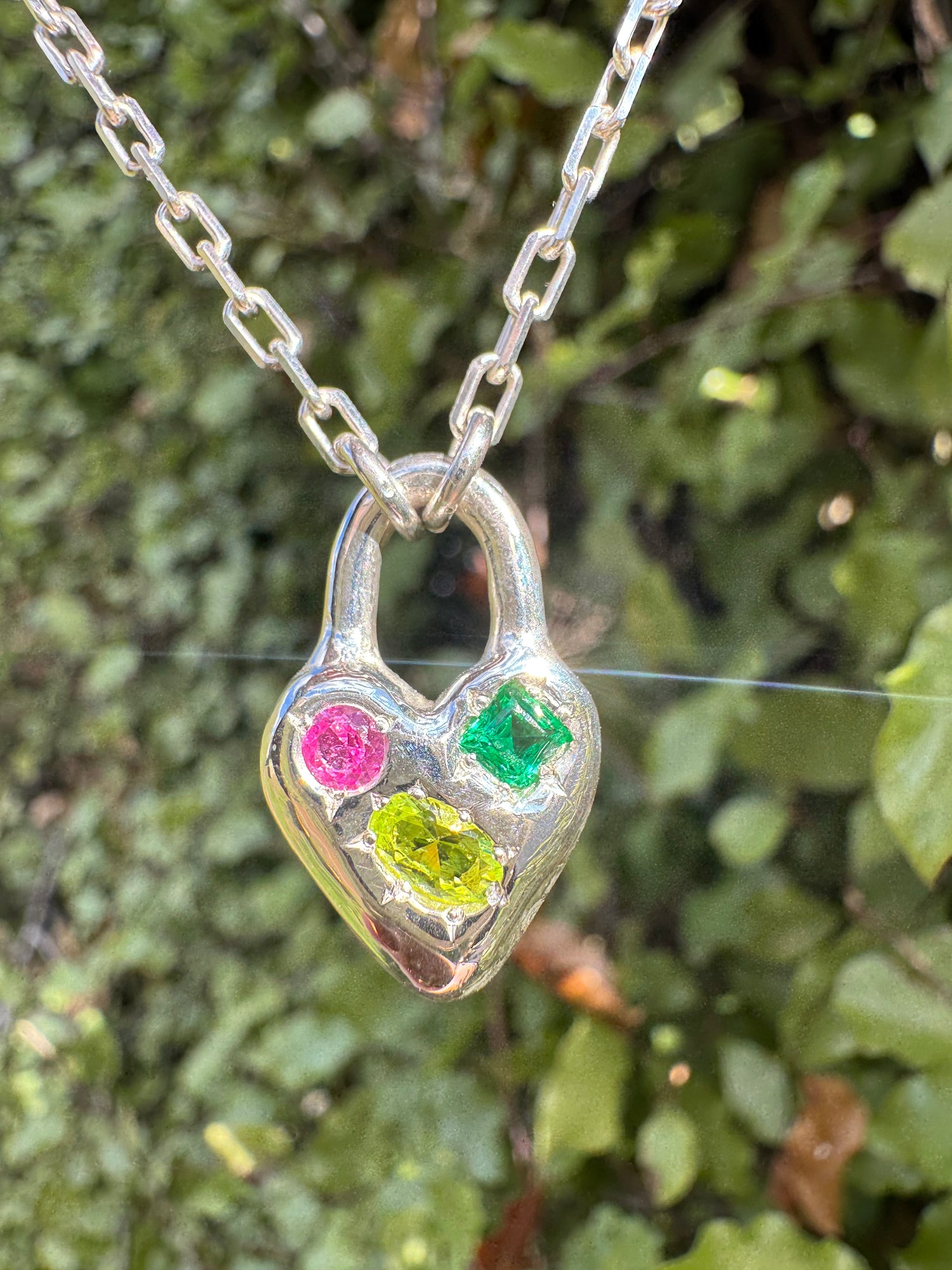 Silver Heart Padlock with 3 gems