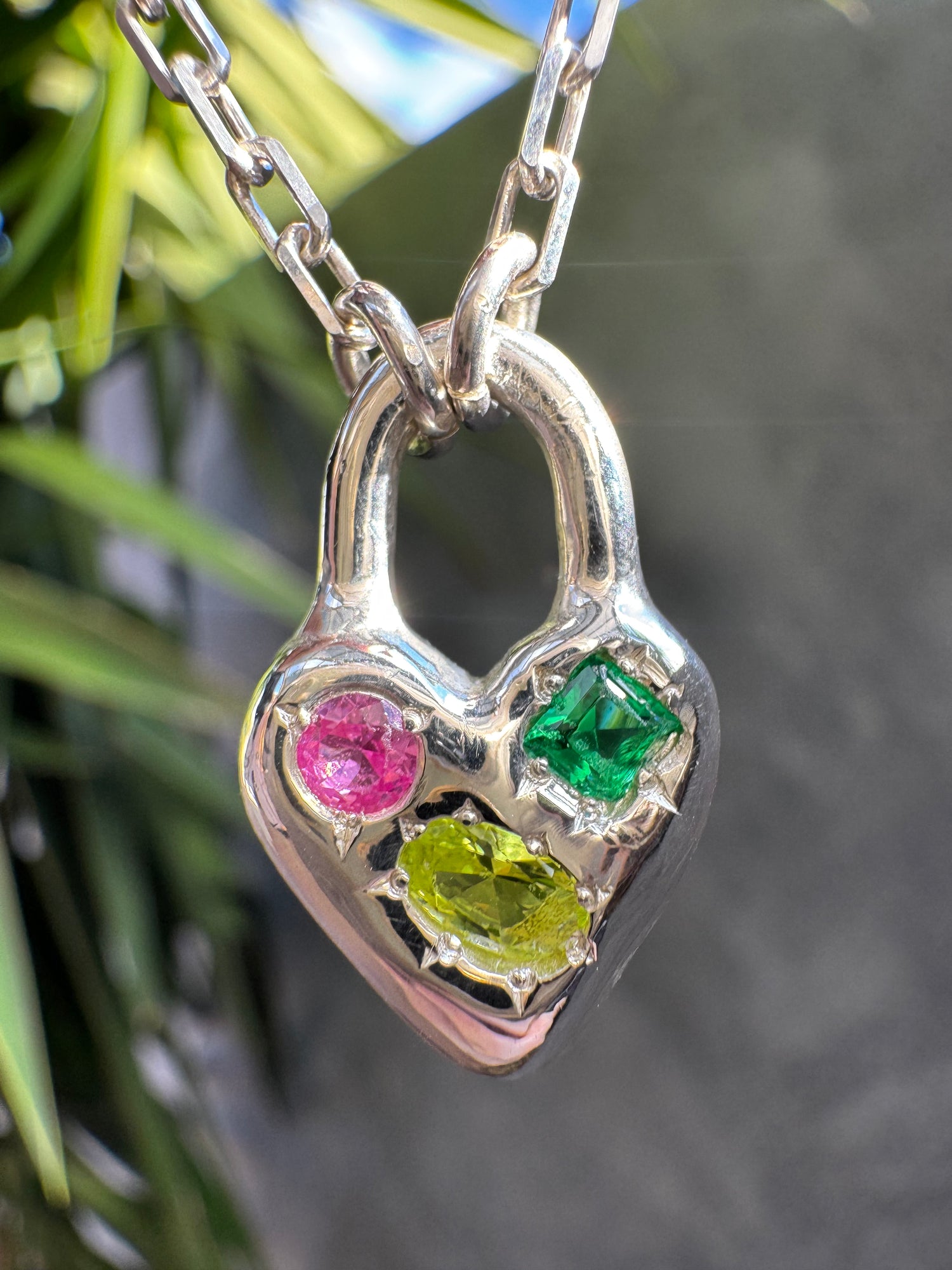 Silver Heart Padlock with 3 gems