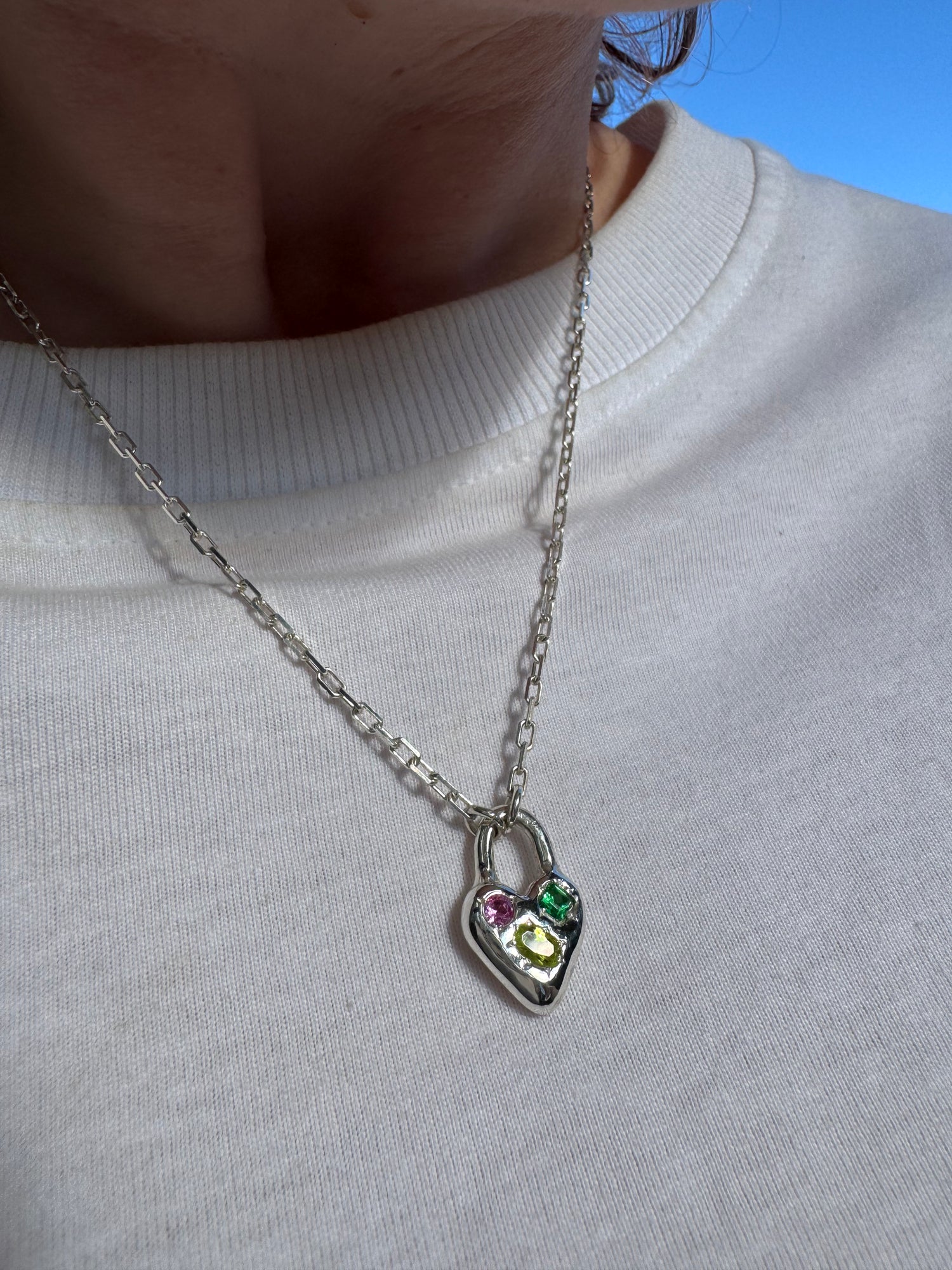 Silver Heart Padlock with 3 gems