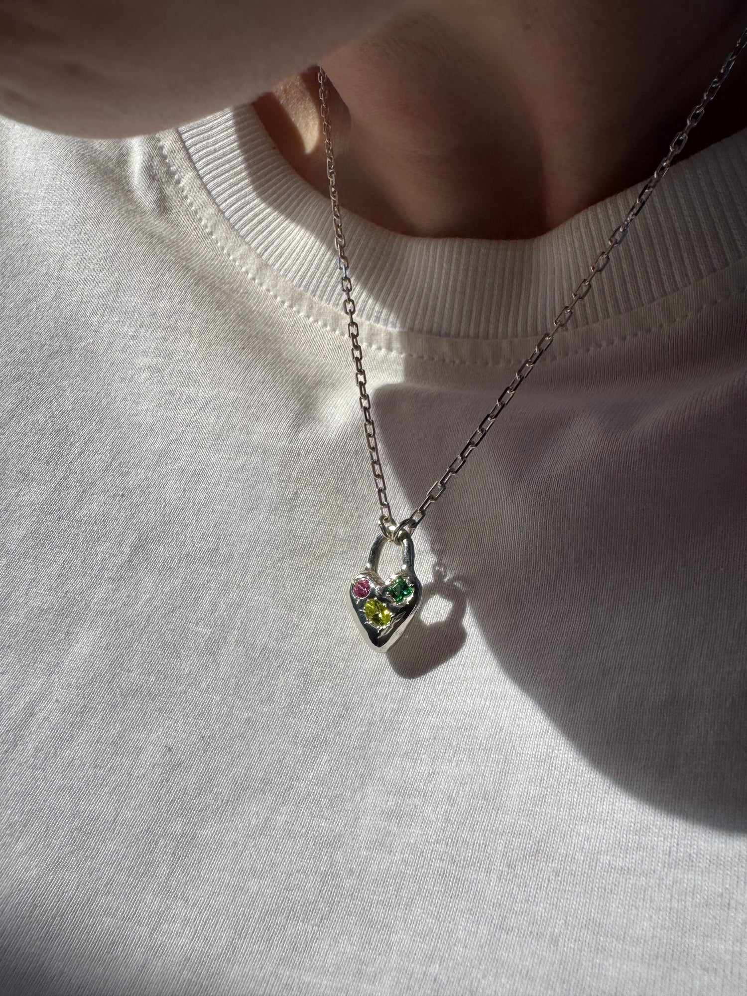 Silver Heart Padlock with 3 gems