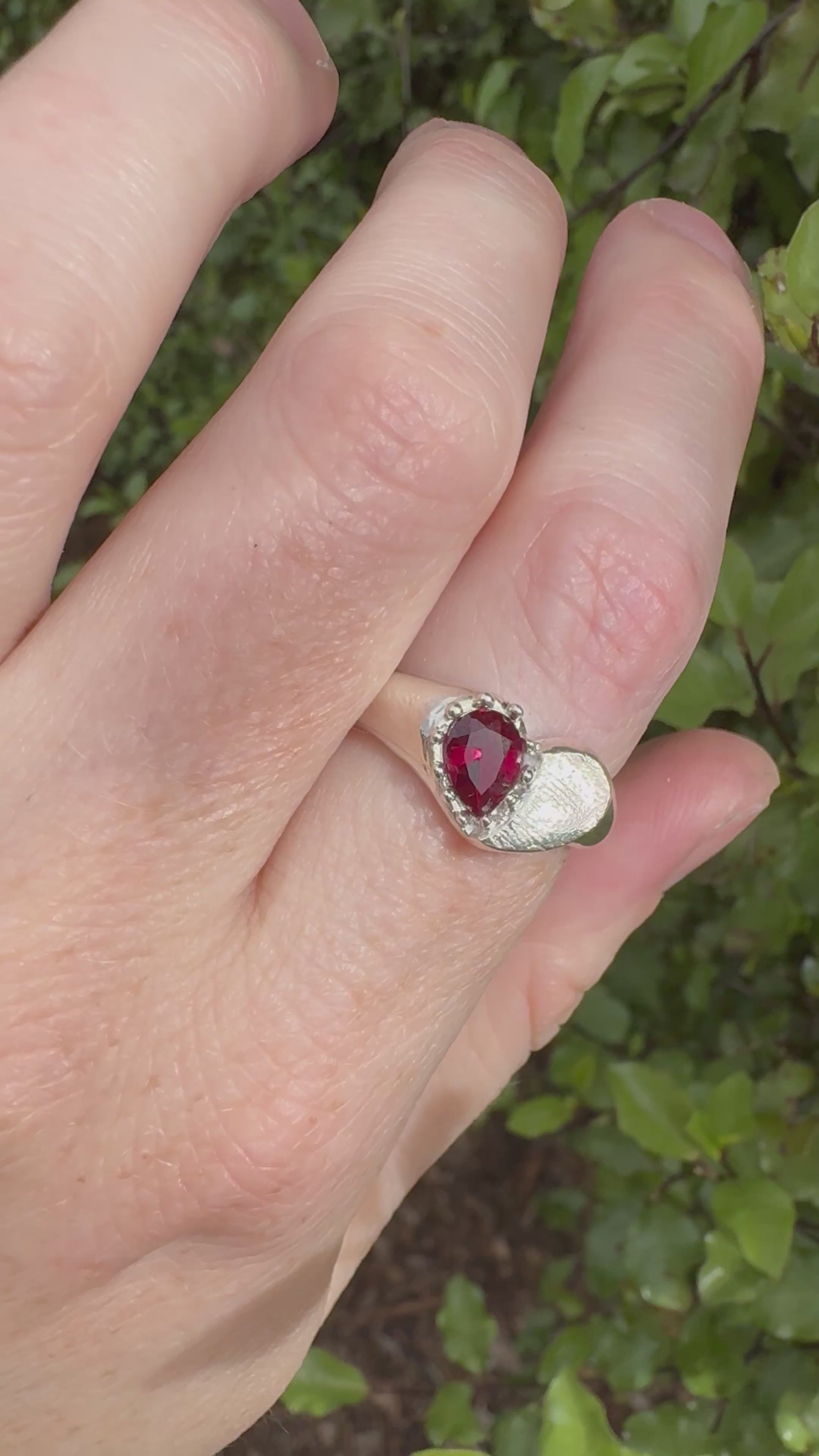 Heart Signet Fingerprint Ring with Pear Gemstone - Sterling Silver or 9ct Gold