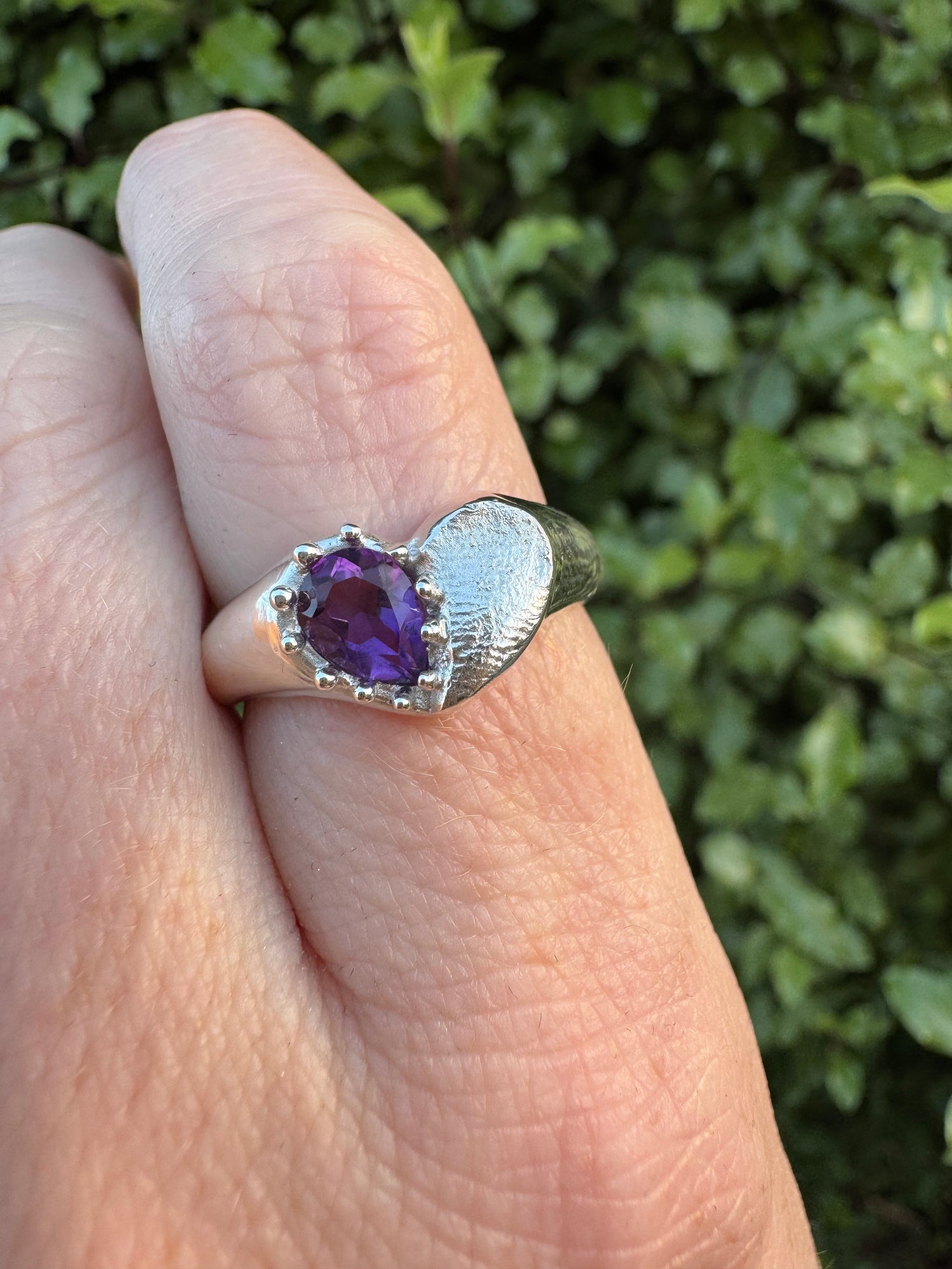 Heart Signet Fingerprint Ring with Pear Gemstone - Sterling Silver or 9ct Gold