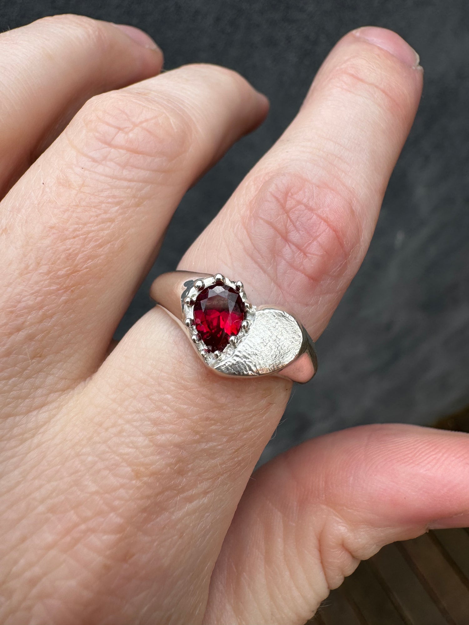 Heart Signet Fingerprint Ring with Pear Gemstone - Sterling Silver or 9ct Gold