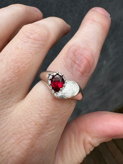 Heart Signet Fingerprint Ring with Pear Gemstone - Sterling Silver or 9ct Gold