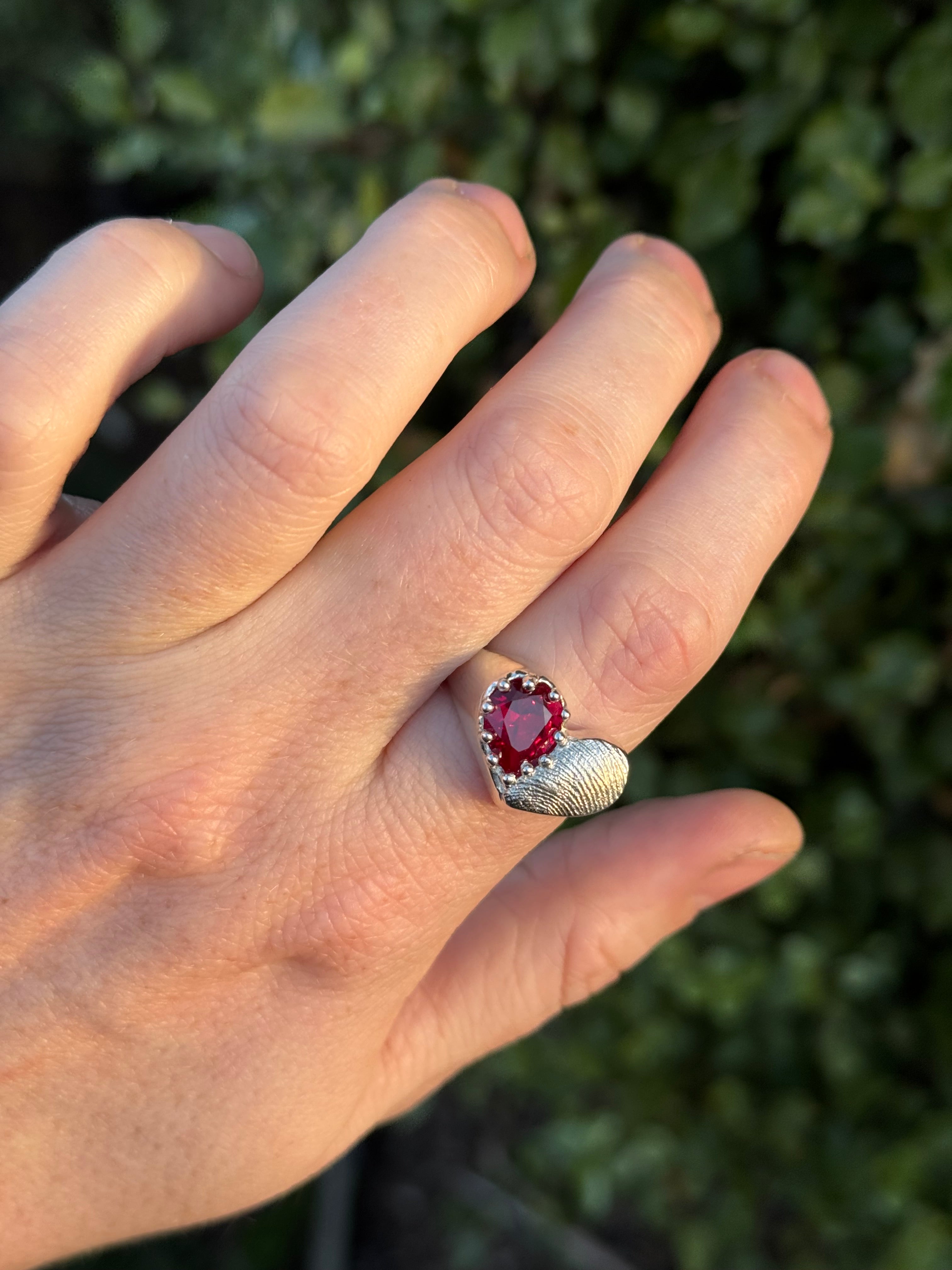 Heart Signet Fingerprint Ring with Pear Gemstone - Sterling Silver or 9ct Gold