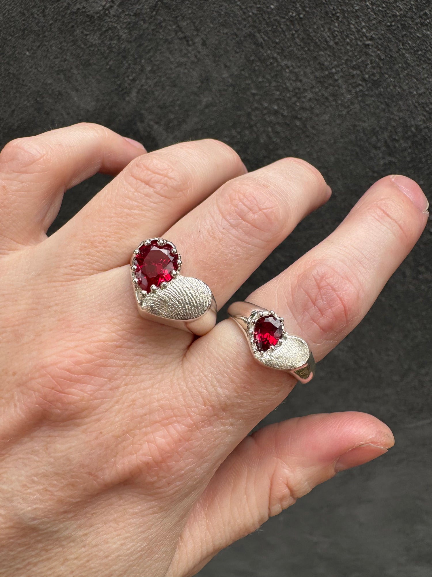 Heart Signet Fingerprint Ring with Pear Gemstone - Sterling Silver or 9ct Gold