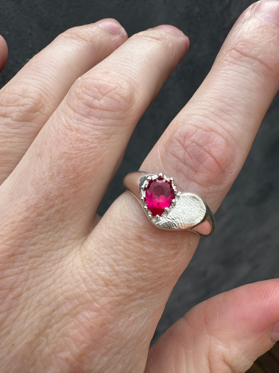 Heart Signet Fingerprint Ring with Pear Gemstone - Sterling Silver or 9ct Gold