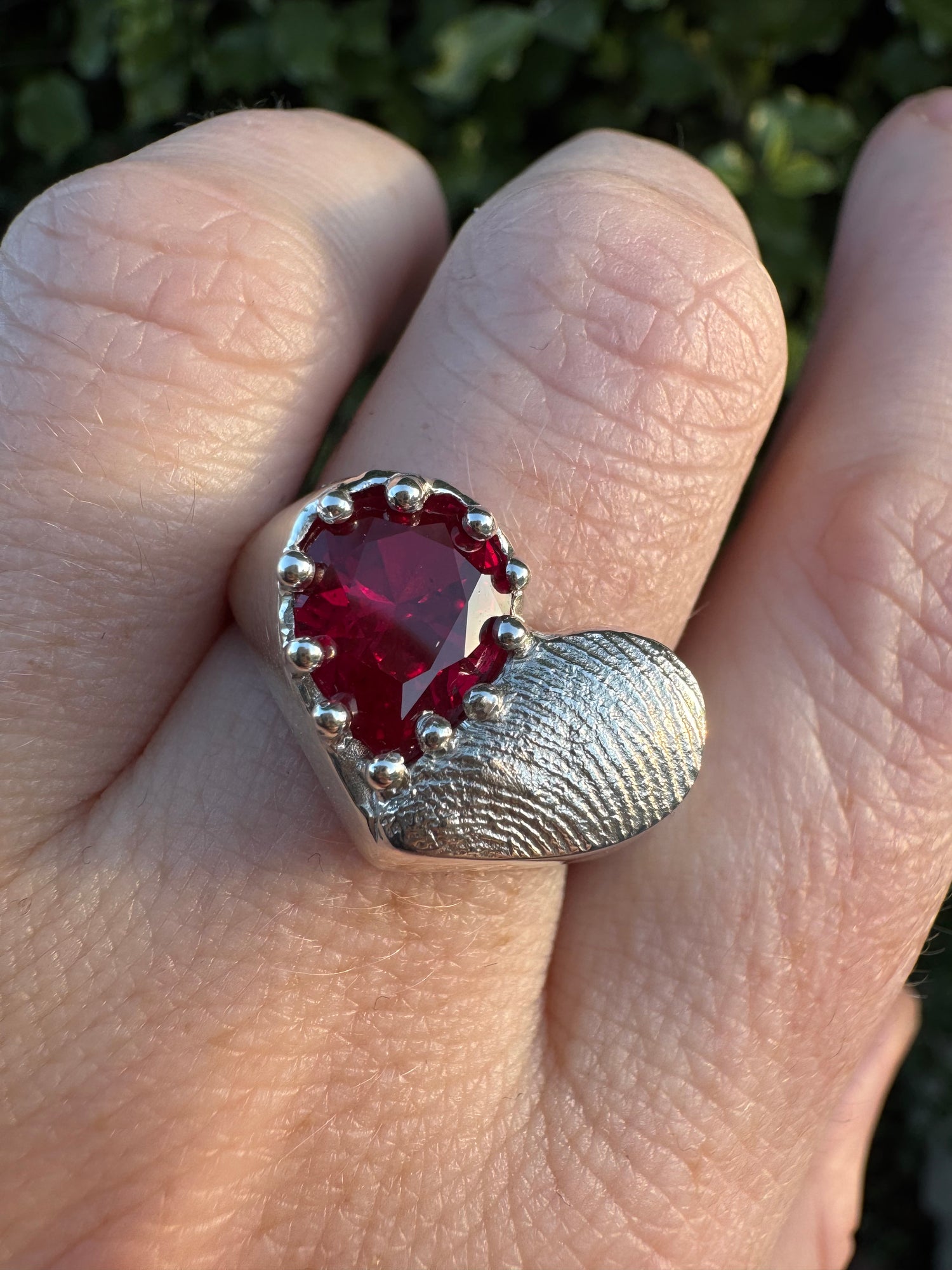 Heart Signet Fingerprint Ring with Pear Gemstone - Sterling Silver or 9ct Gold