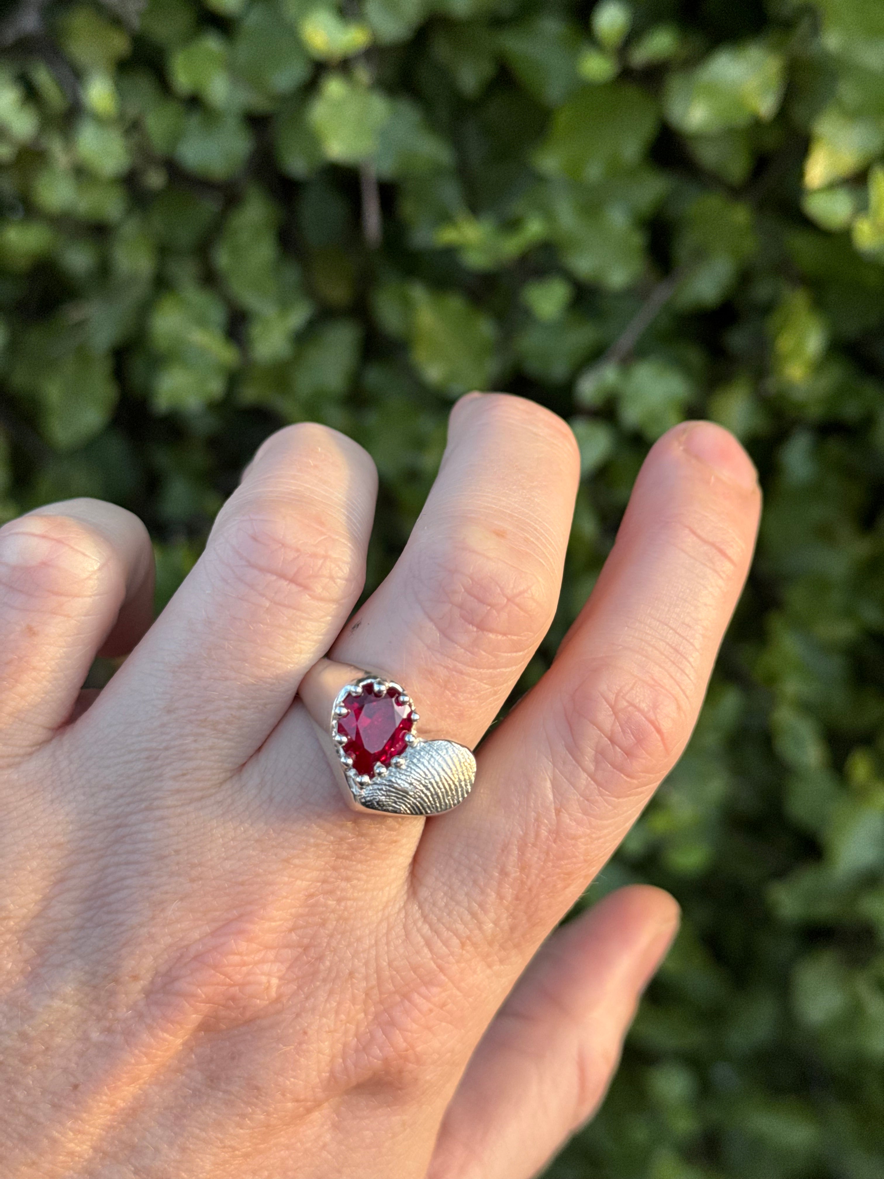 Heart Signet Fingerprint Ring with Pear Gemstone - Sterling Silver or 9ct Gold