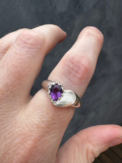 Heart Signet Fingerprint Ring with Pear Gemstone - Sterling Silver or 9ct Gold