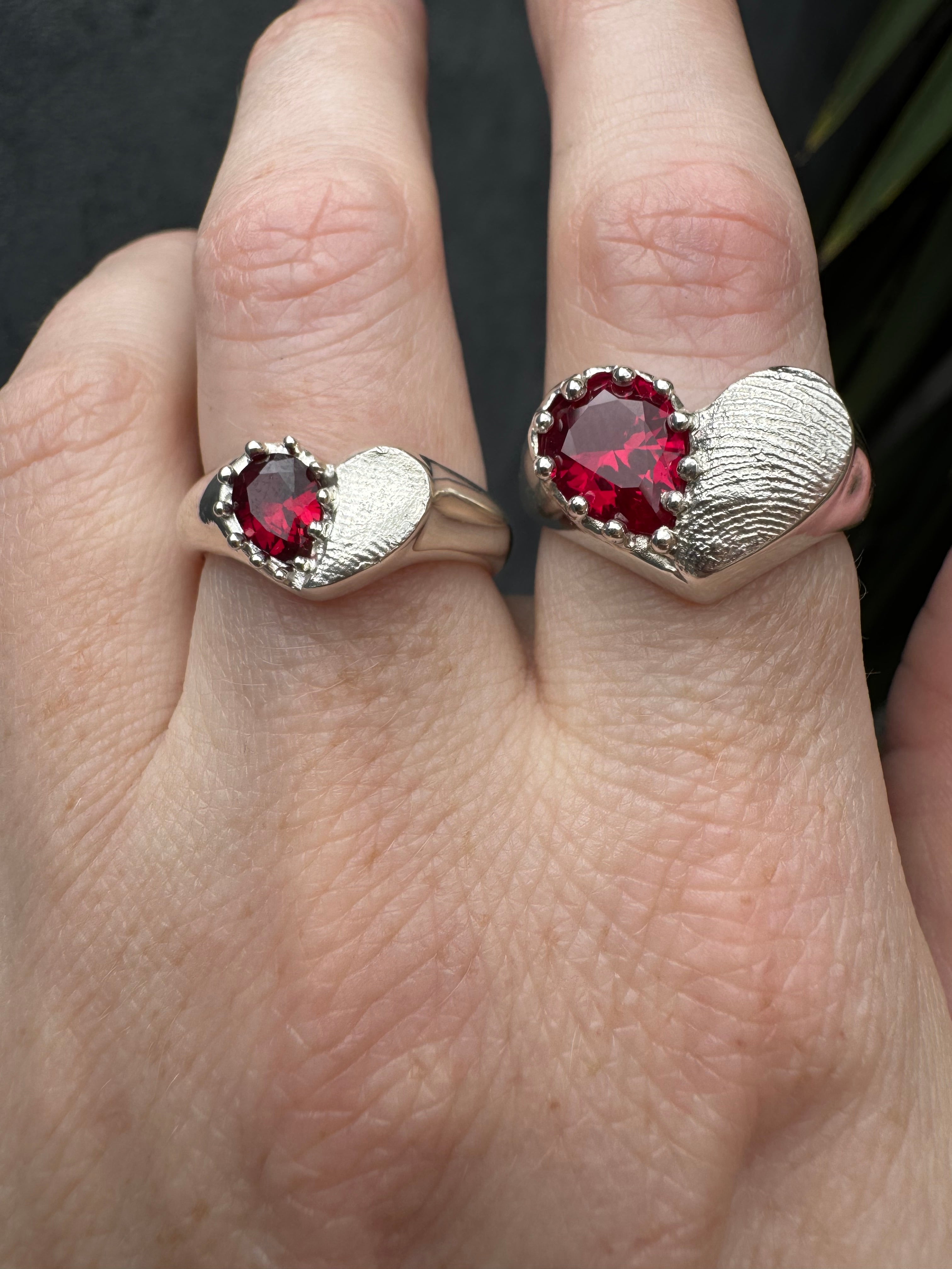 Heart Signet Fingerprint Ring with Pear Gemstone - Sterling Silver or 9ct Gold