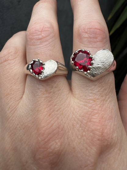 Heart Signet Fingerprint Ring with Pear Gemstone - Sterling Silver or 9ct Gold