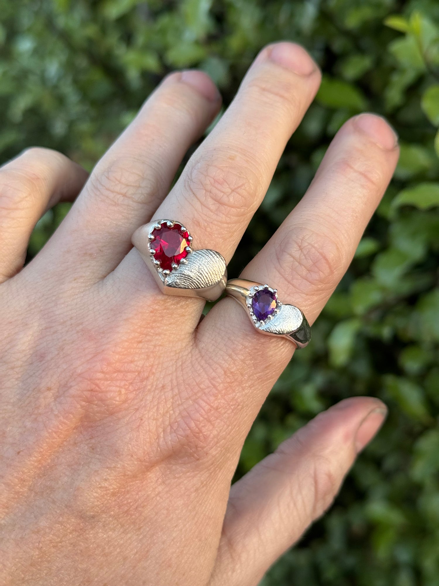 Heart Signet Fingerprint Ring with Pear Gemstone - Sterling Silver or 9ct Gold