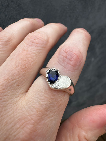 Heart Signet Fingerprint Ring with Pear Gemstone - Sterling Silver or 9ct Gold