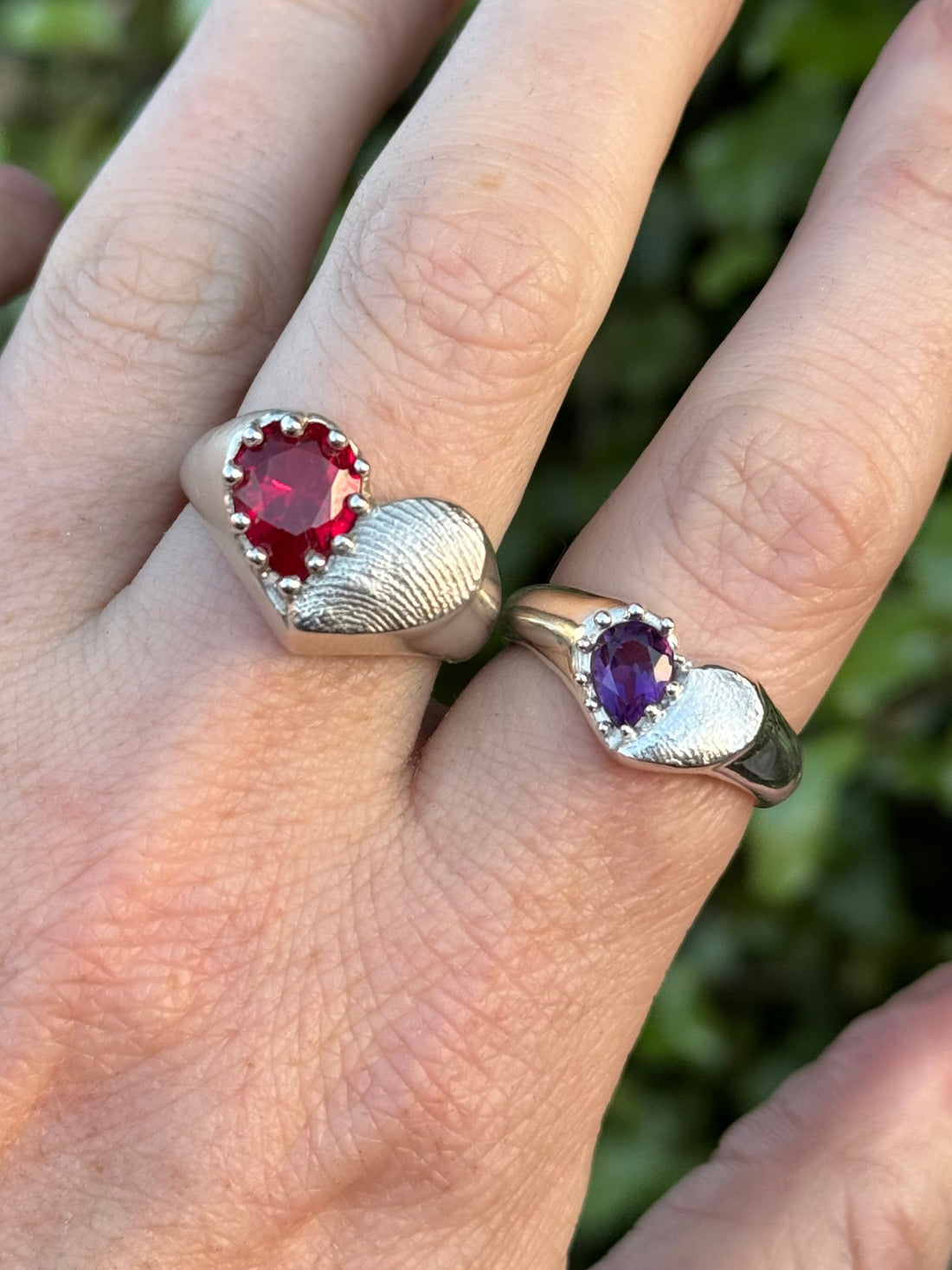 Heart Signet Fingerprint Ring with Pear Gemstone - Sterling Silver or 9ct Gold