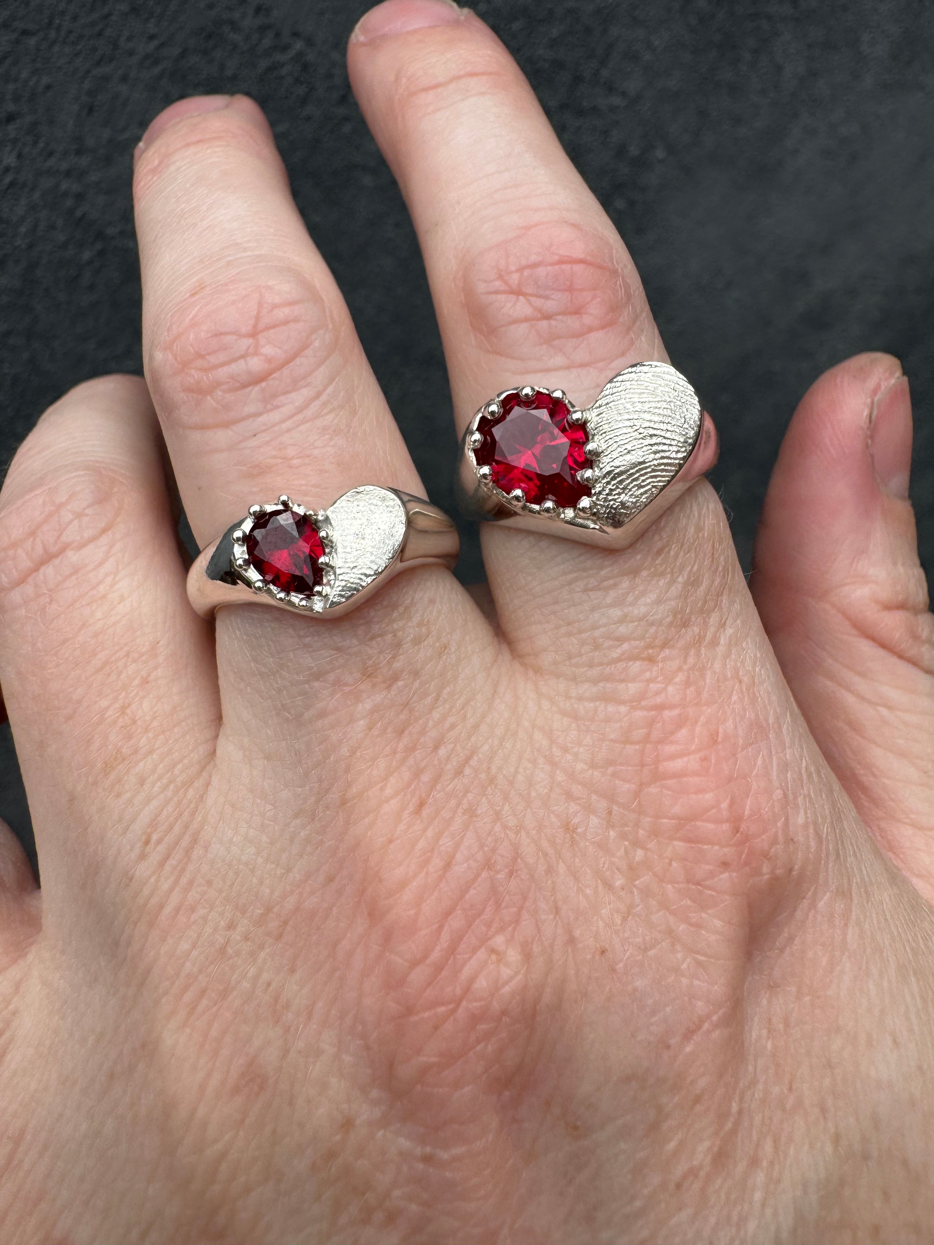 Heart Signet Fingerprint Ring with Pear Gemstone - Sterling Silver or 9ct Gold