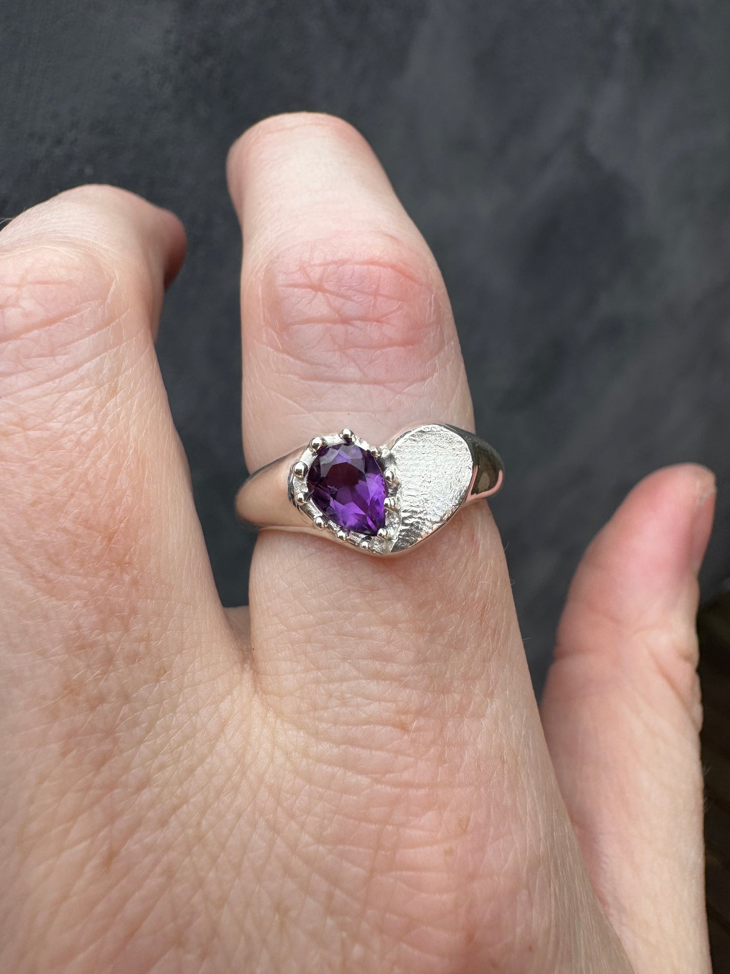 Heart Signet Fingerprint Ring with Pear Gemstone - Sterling Silver or 9ct Gold
