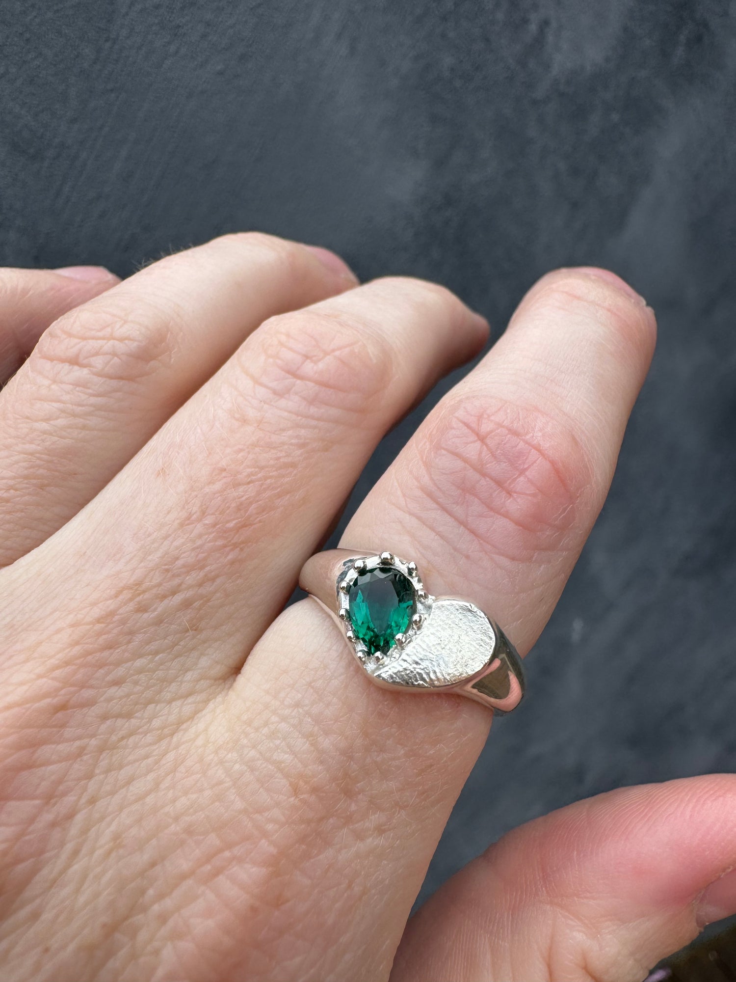 Heart Signet Fingerprint Ring with Pear Gemstone - Sterling Silver or 9ct Gold