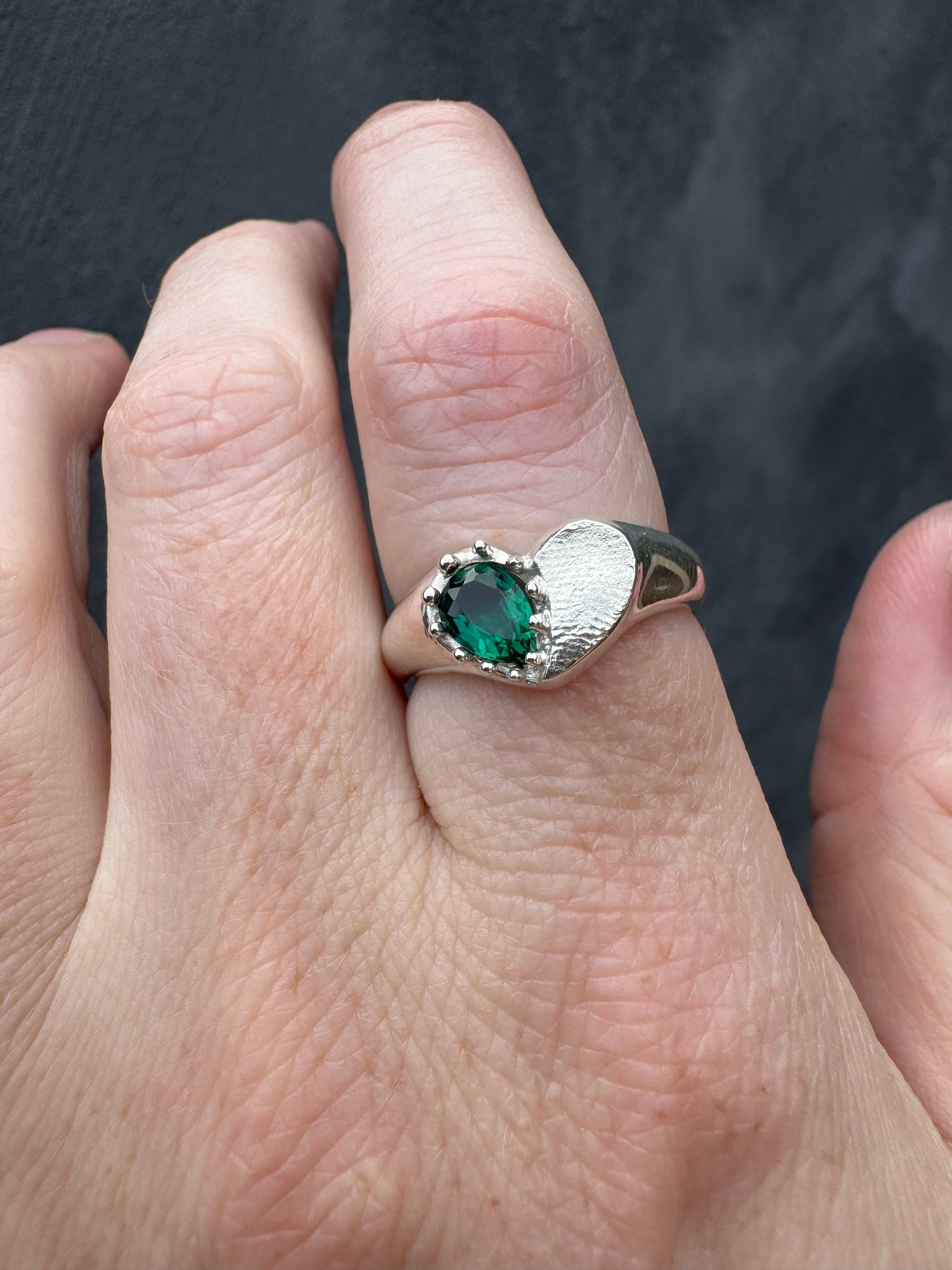Heart Signet Fingerprint Ring with Pear Gemstone - Sterling Silver or 9ct Gold