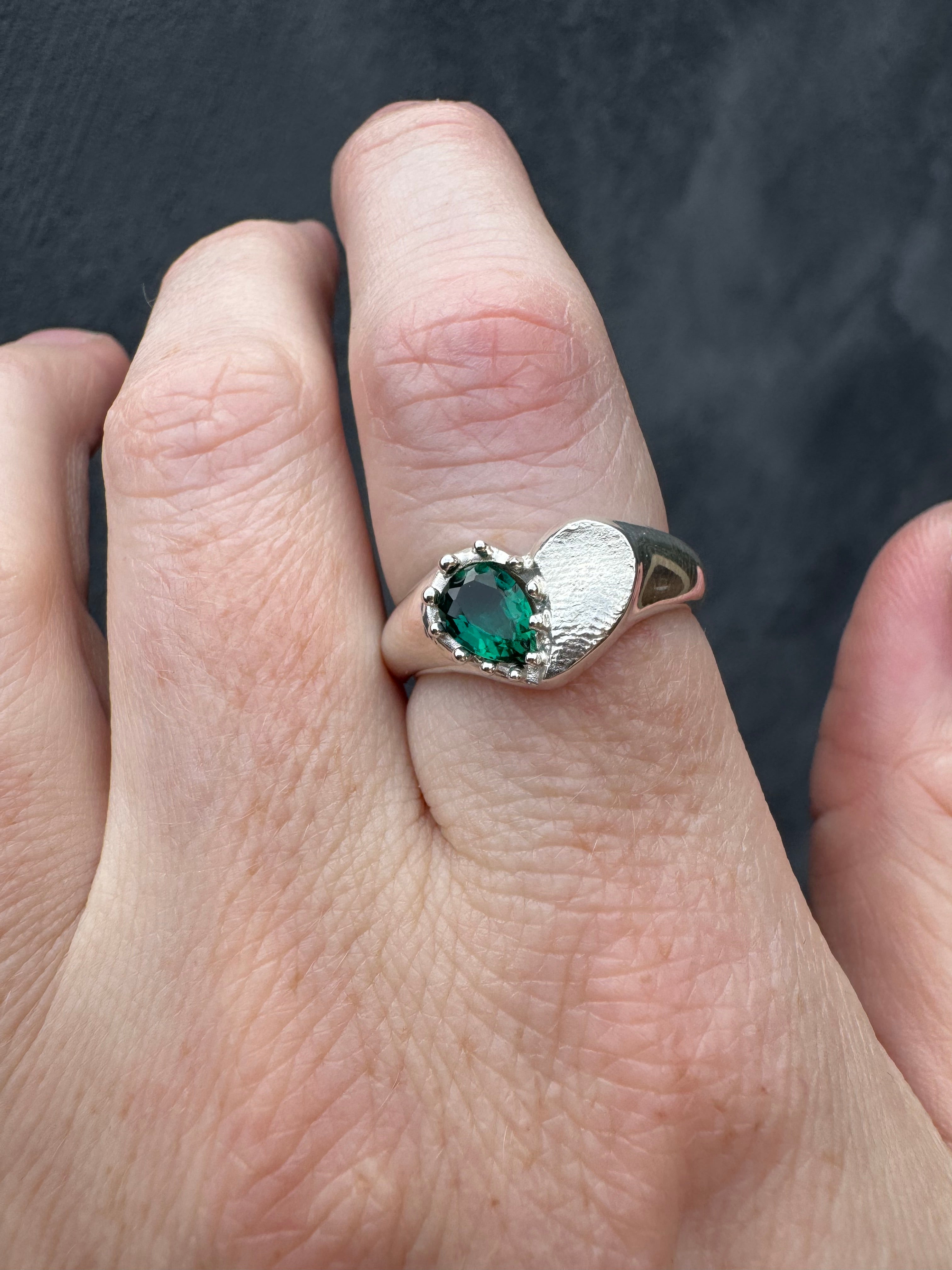 Heart Signet Fingerprint Ring with Pear Gemstone - Sterling Silver or 9ct Gold