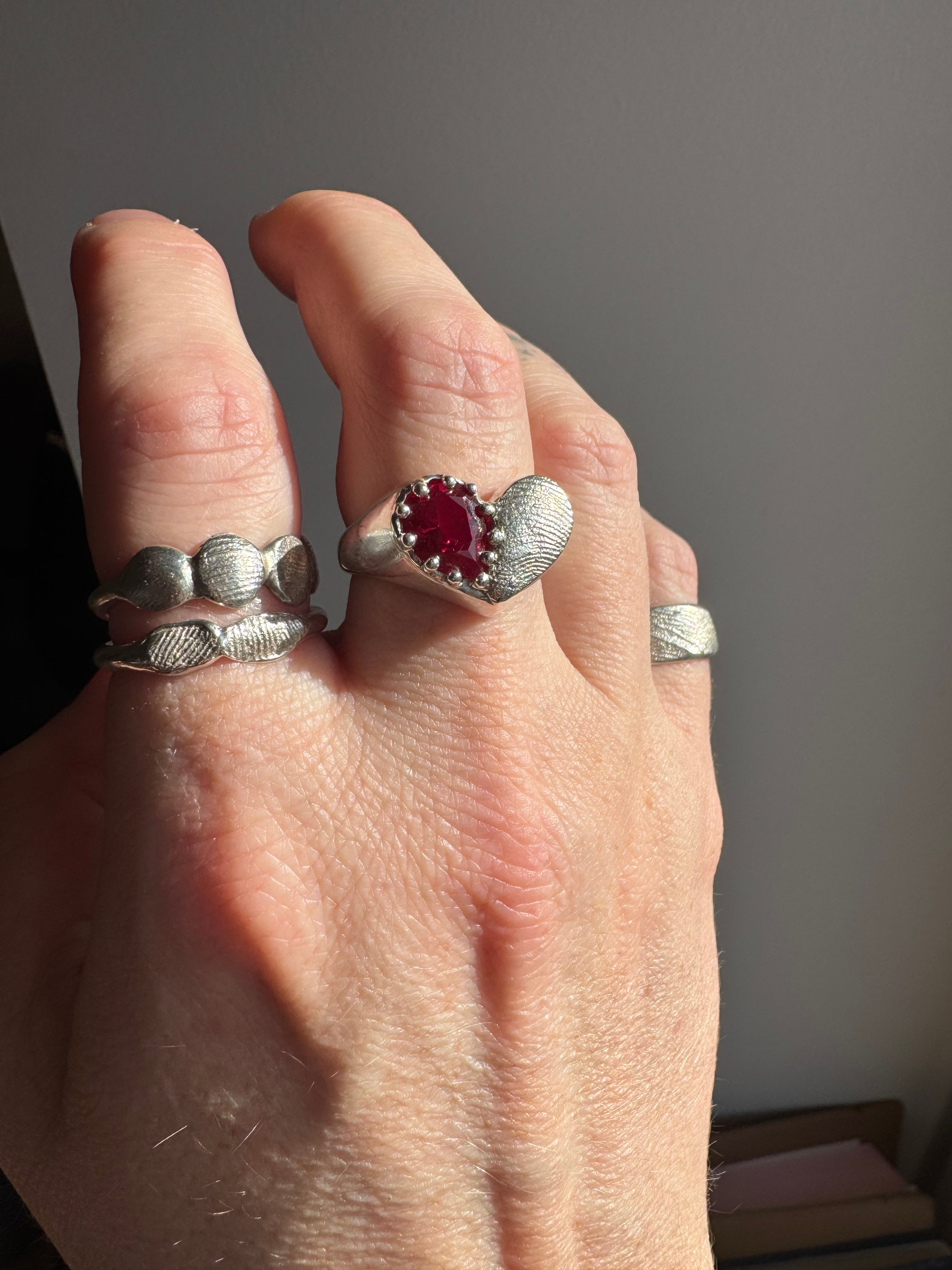 Heart Signet Fingerprint Ring with Pear Gemstone - Sterling Silver or 9ct Gold