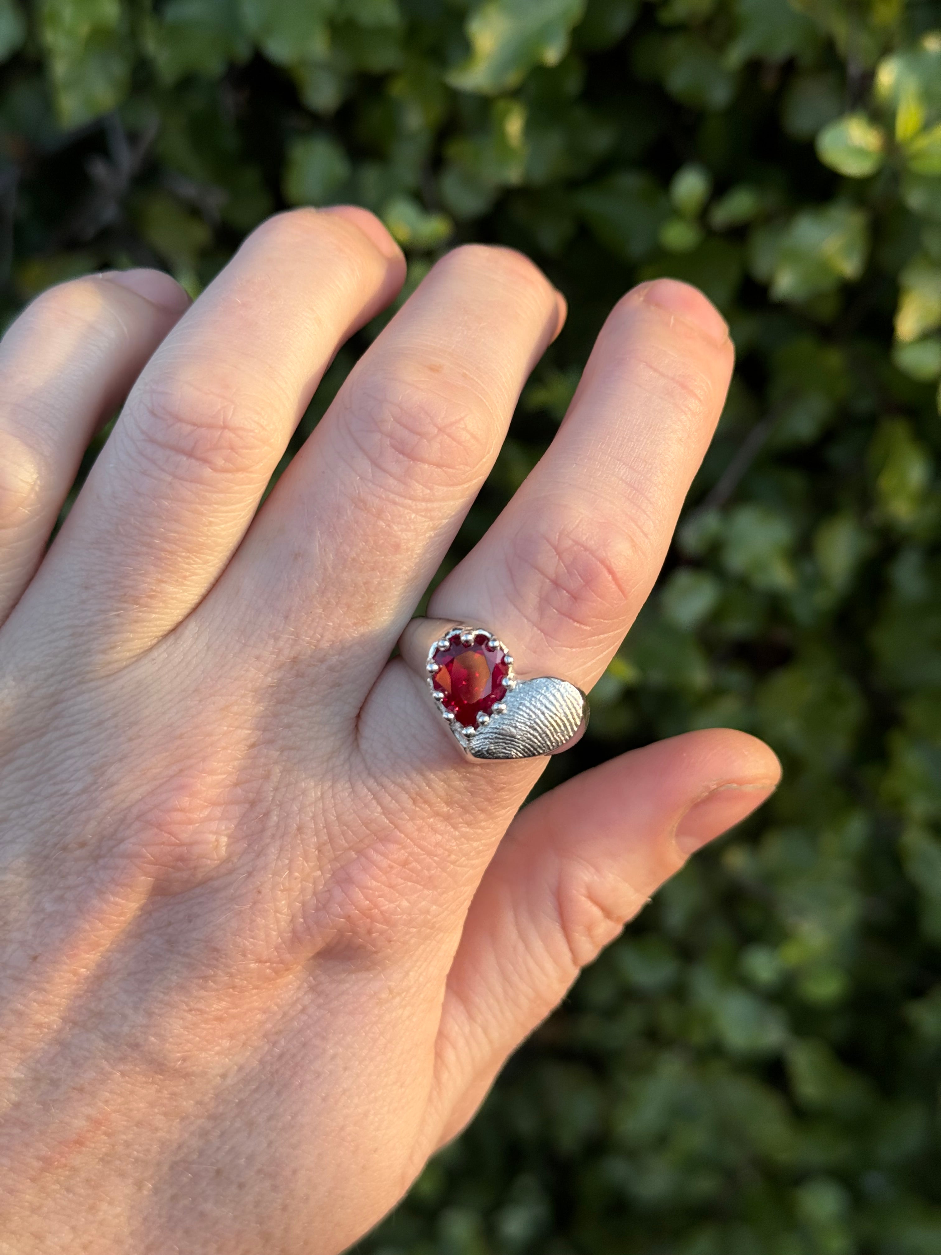 Heart Signet Fingerprint Ring with Pear Gemstone - Sterling Silver or 9ct Gold