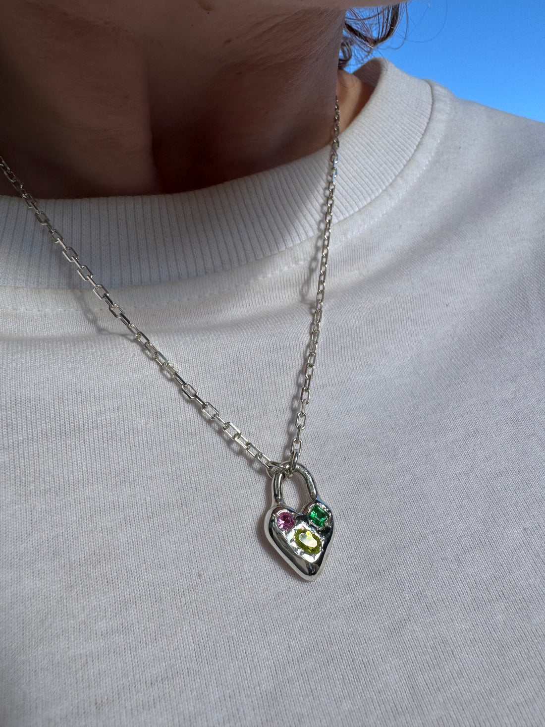 Silver Heart Padlock with 3 gems