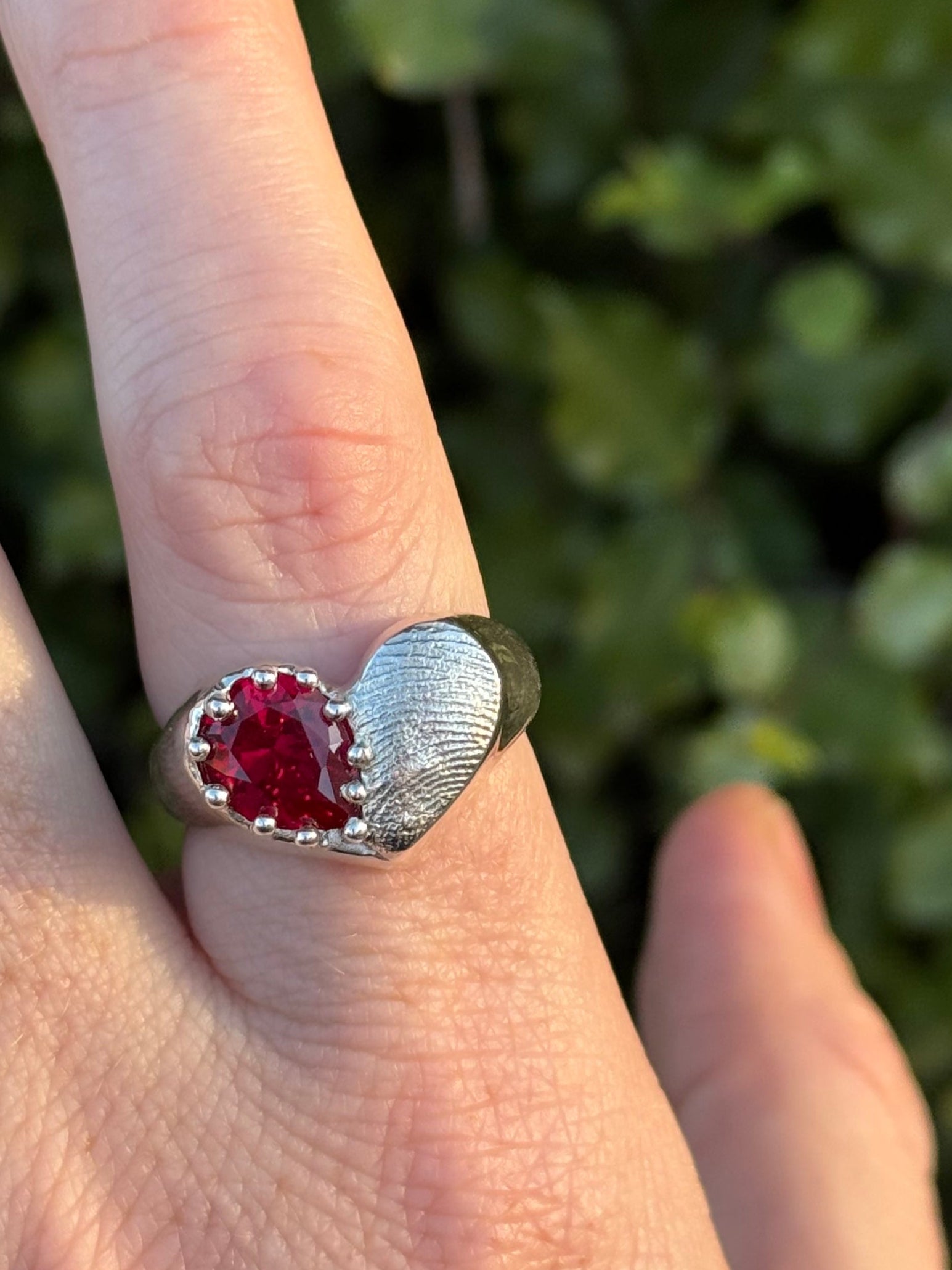 Heart Signet Fingerprint Ring with Pear Gemstone - Sterling Silver or 9ct Gold