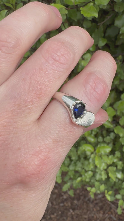 Heart Signet Fingerprint Ring with Pear Gemstone - Sterling Silver or 9ct Gold